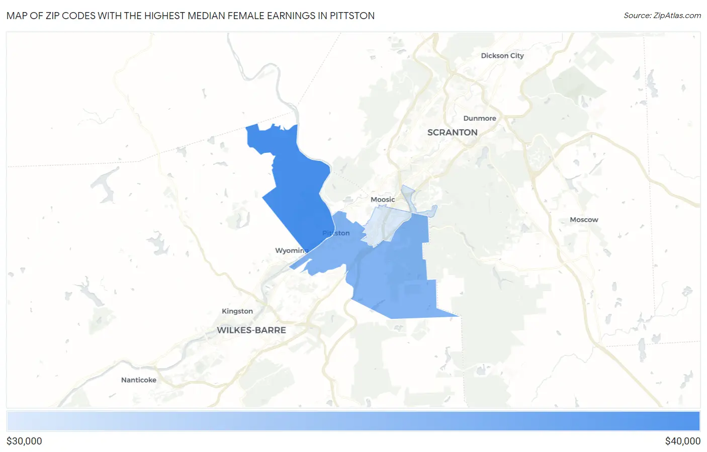 Zip Codes with the Highest Median Female Earnings in Pittston Map