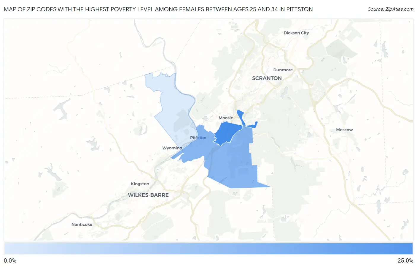 Zip Codes with the Highest Poverty Level Among Females Between Ages 25 and 34 in Pittston Map