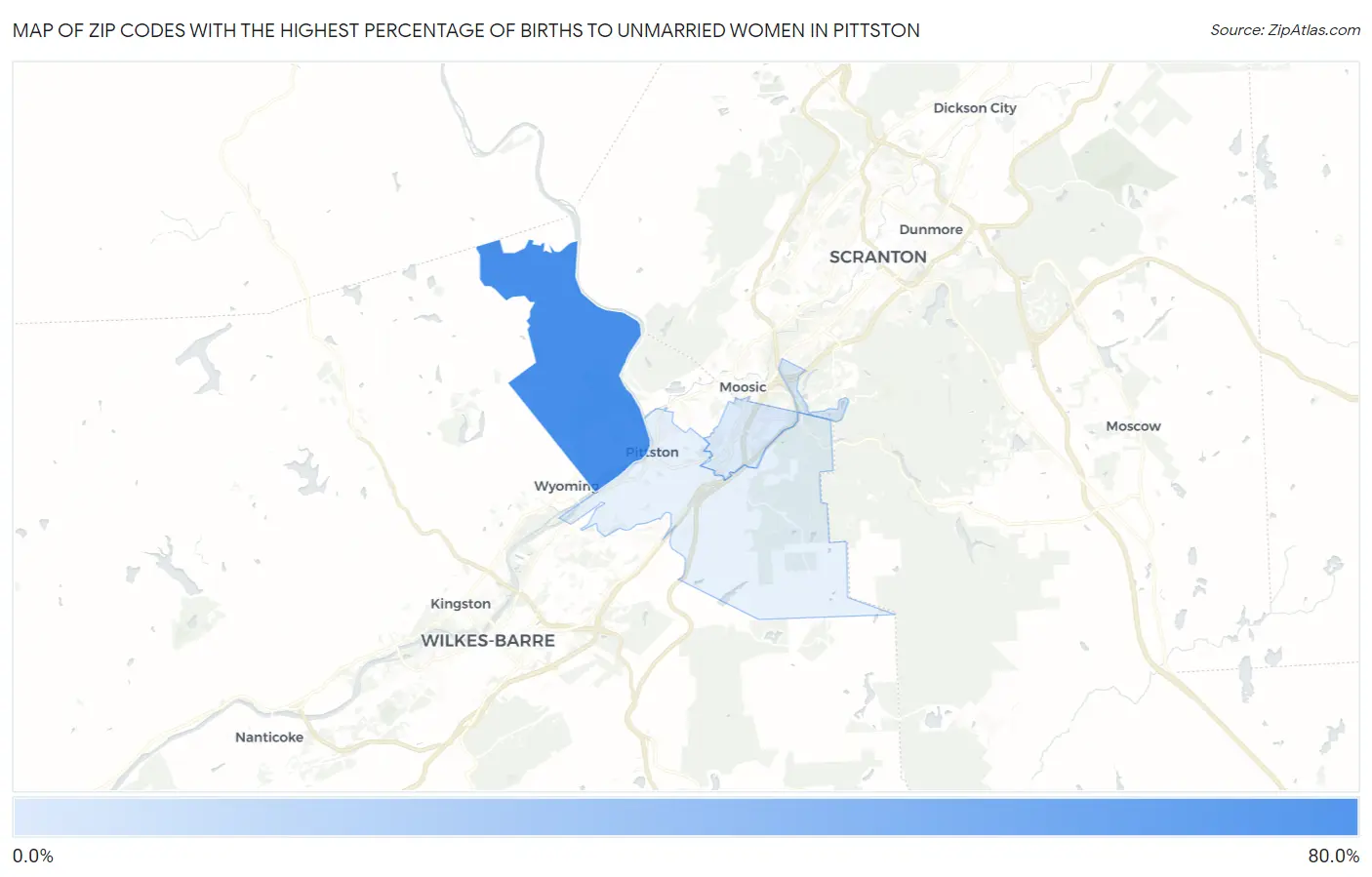 Zip Codes with the Highest Percentage of Births to Unmarried Women in Pittston Map