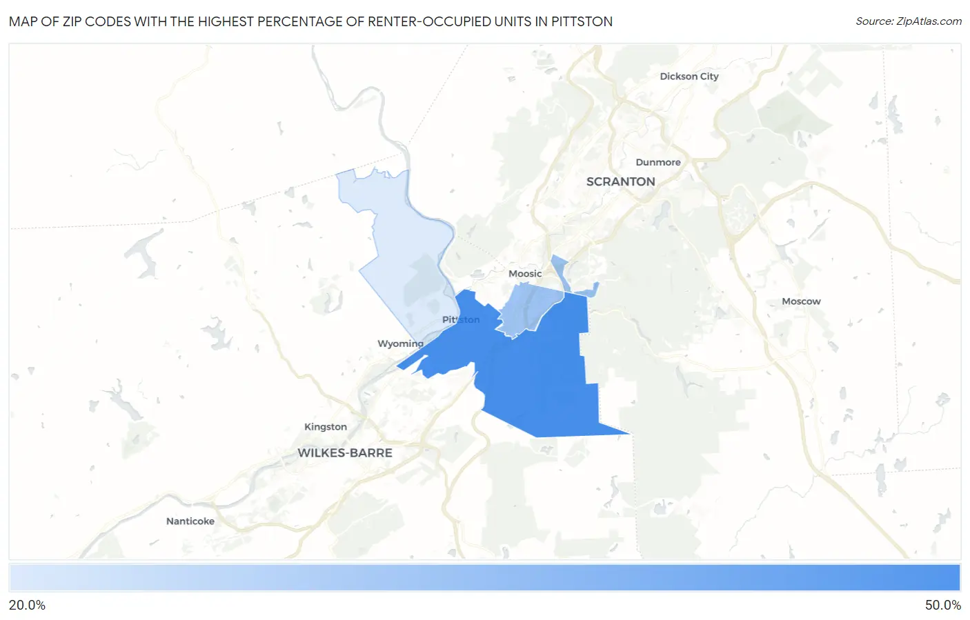 Zip Codes with the Highest Percentage of Renter-Occupied Units in Pittston Map