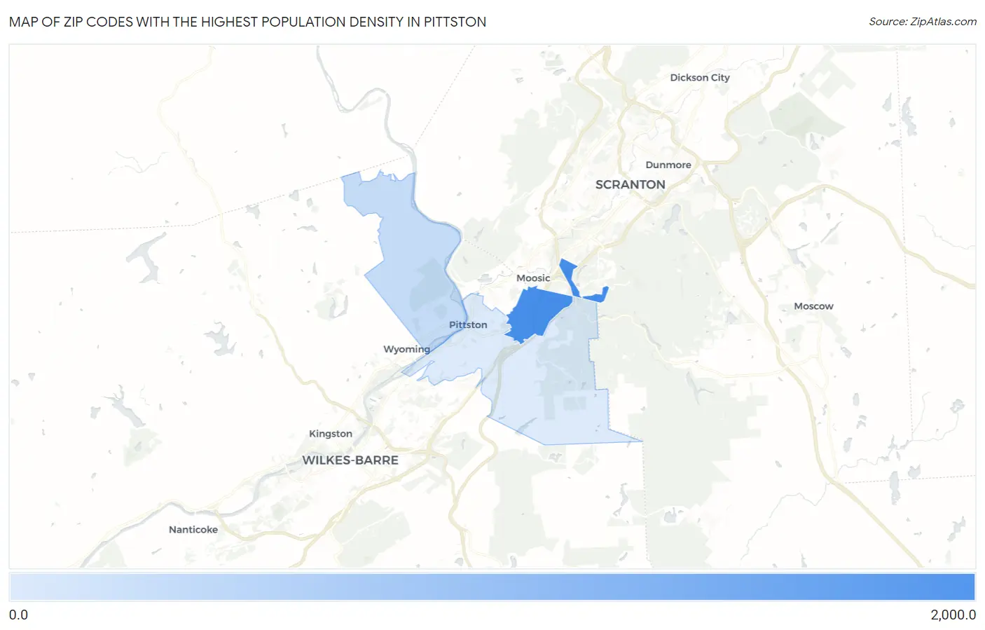 Zip Codes with the Highest Population Density in Pittston Map
