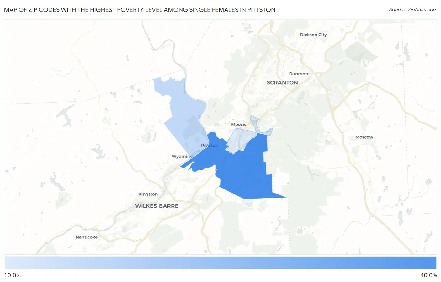 Zip Codes with the Highest Poverty Level Among Single Females in Pittston Map