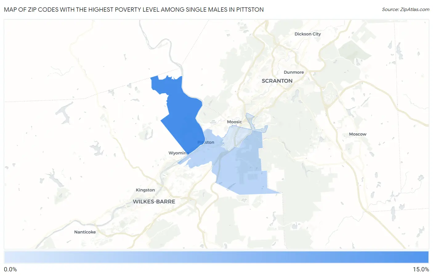 Zip Codes with the Highest Poverty Level Among Single Males in Pittston Map