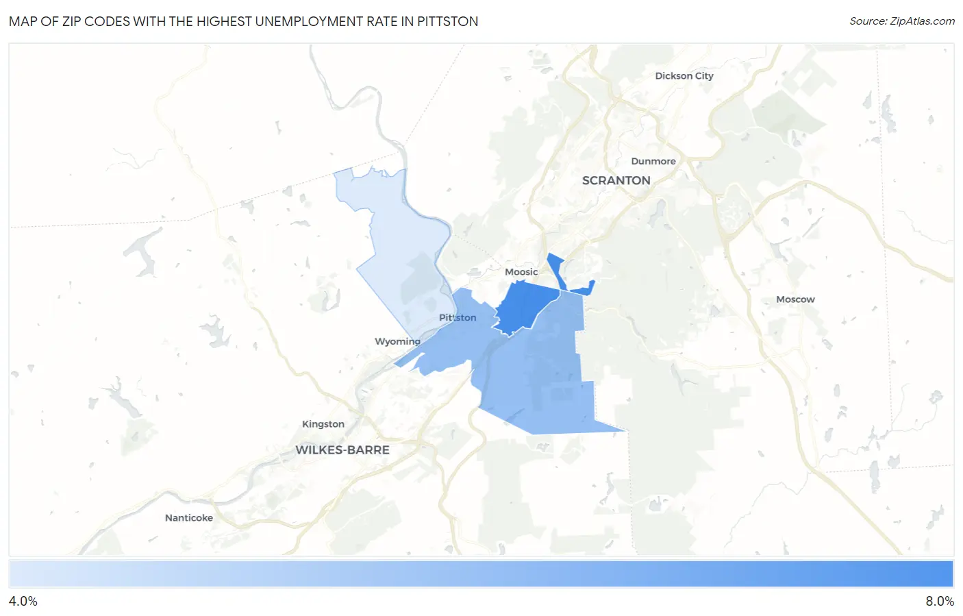 Zip Codes with the Highest Unemployment Rate in Pittston Map