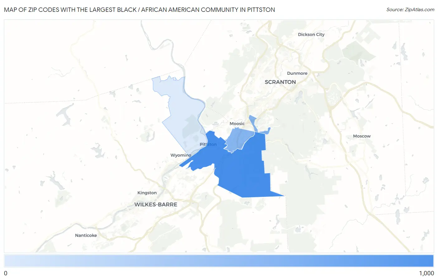 Zip Codes with the Largest Black / African American Community in Pittston Map