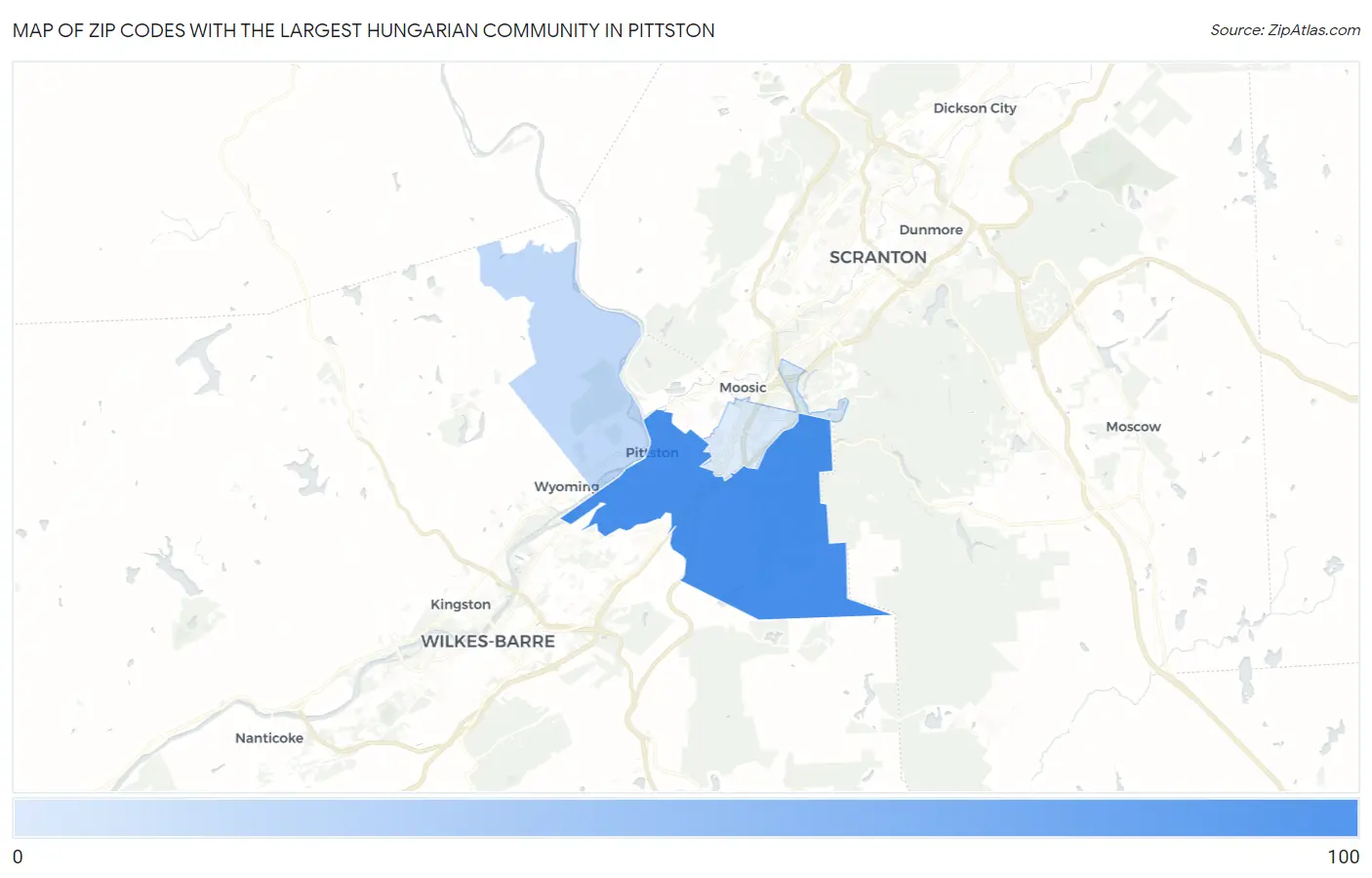 Zip Codes with the Largest Hungarian Community in Pittston Map