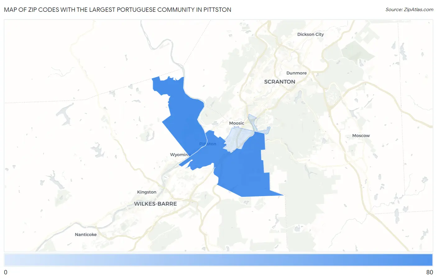 Zip Codes with the Largest Portuguese Community in Pittston Map