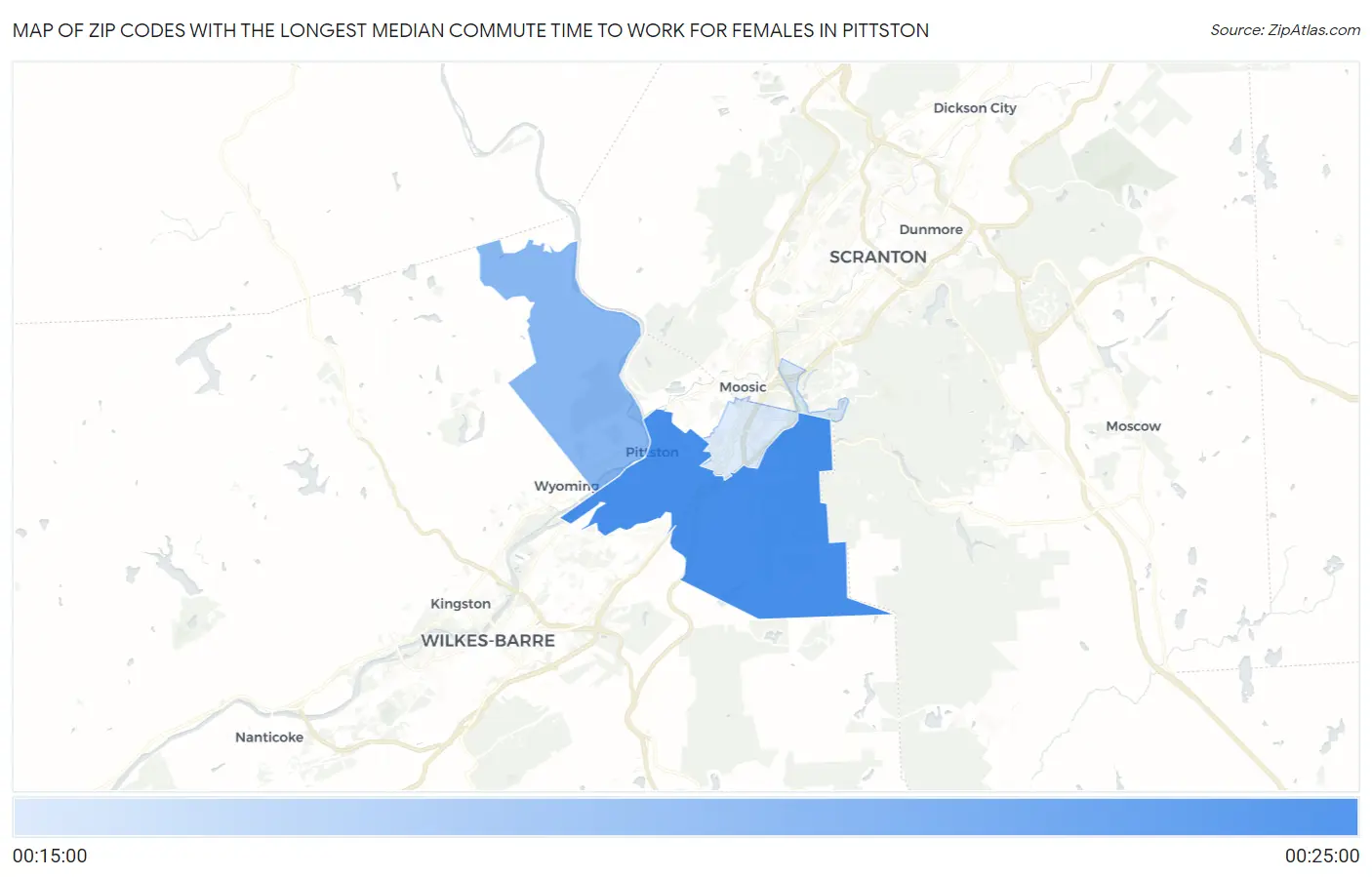 Zip Codes with the Longest Median Commute Time to Work for Females in Pittston Map