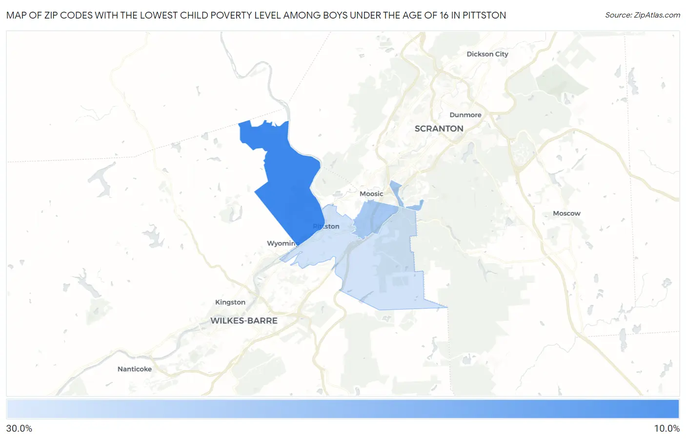 Zip Codes with the Lowest Child Poverty Level Among Boys Under the Age of 16 in Pittston Map
