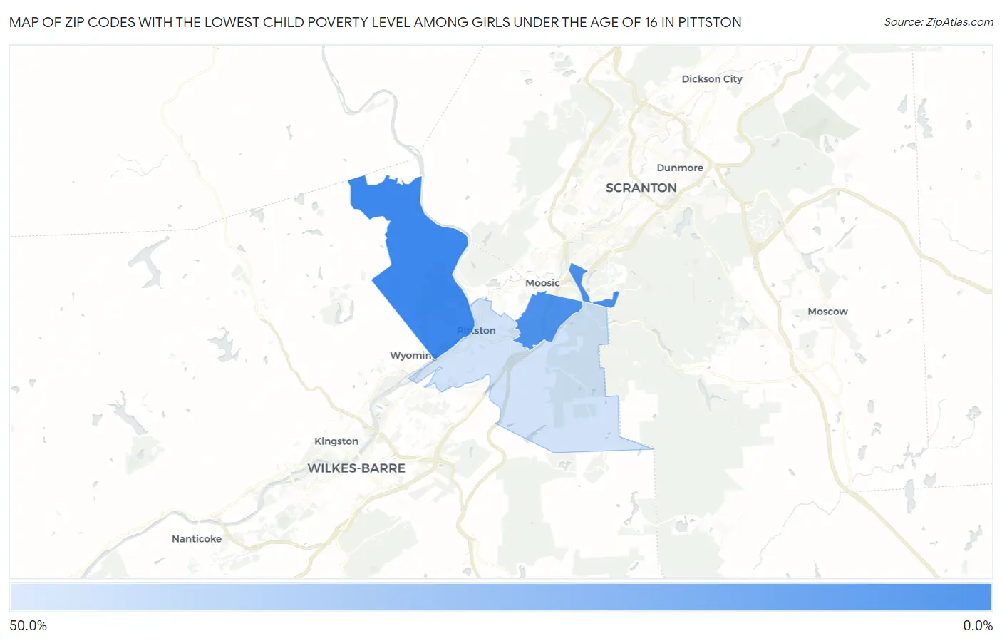 Zip Codes with the Lowest Child Poverty Level Among Girls Under the Age of 16 in Pittston Map