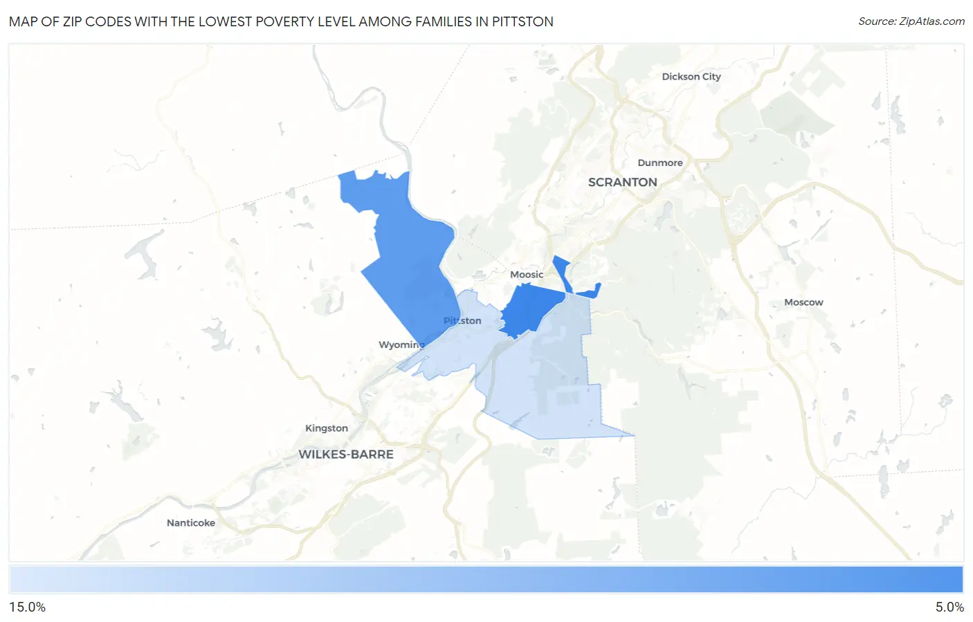 Zip Codes with the Lowest Poverty Level Among Families in Pittston Map