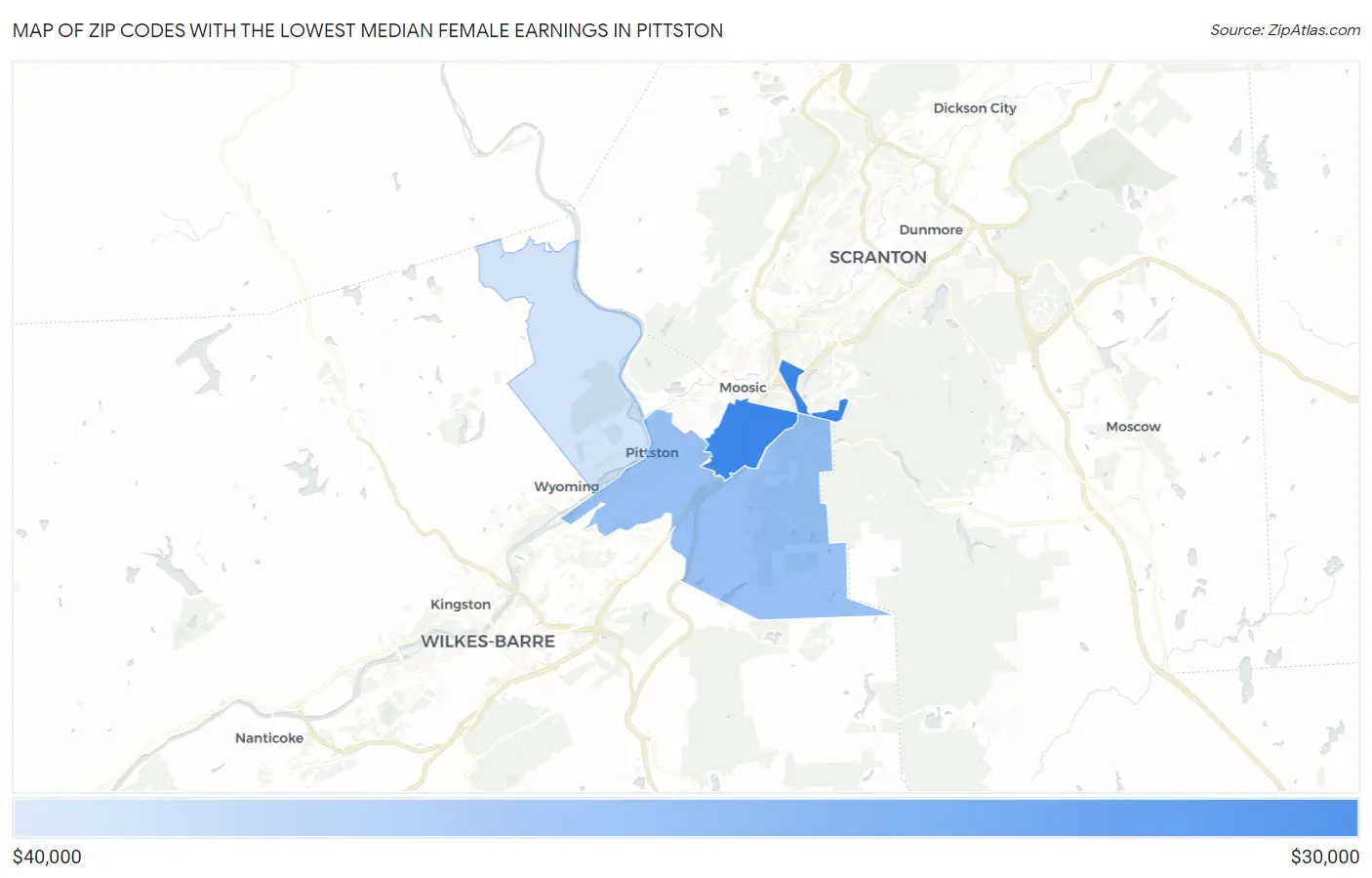 Zip Codes with the Lowest Median Female Earnings in Pittston Map