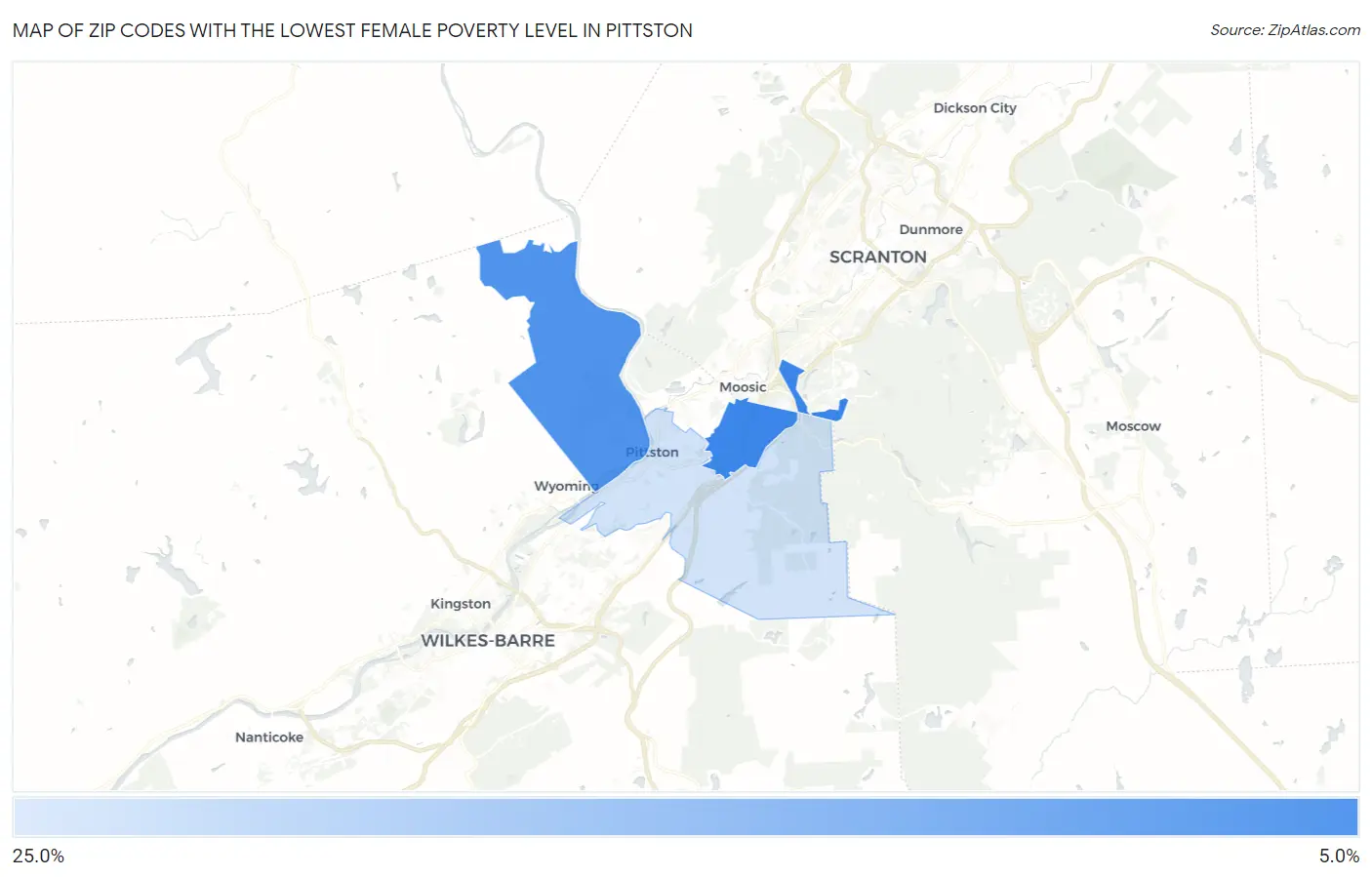 Zip Codes with the Lowest Female Poverty Level in Pittston Map
