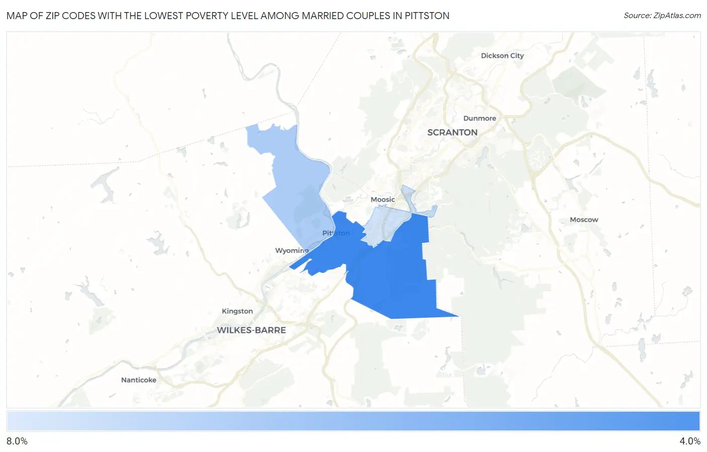 Zip Codes with the Lowest Poverty Level Among Married Couples in Pittston Map