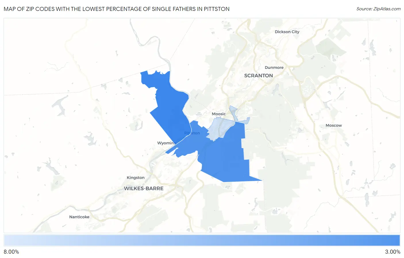 Zip Codes with the Lowest Percentage of Single Fathers in Pittston Map