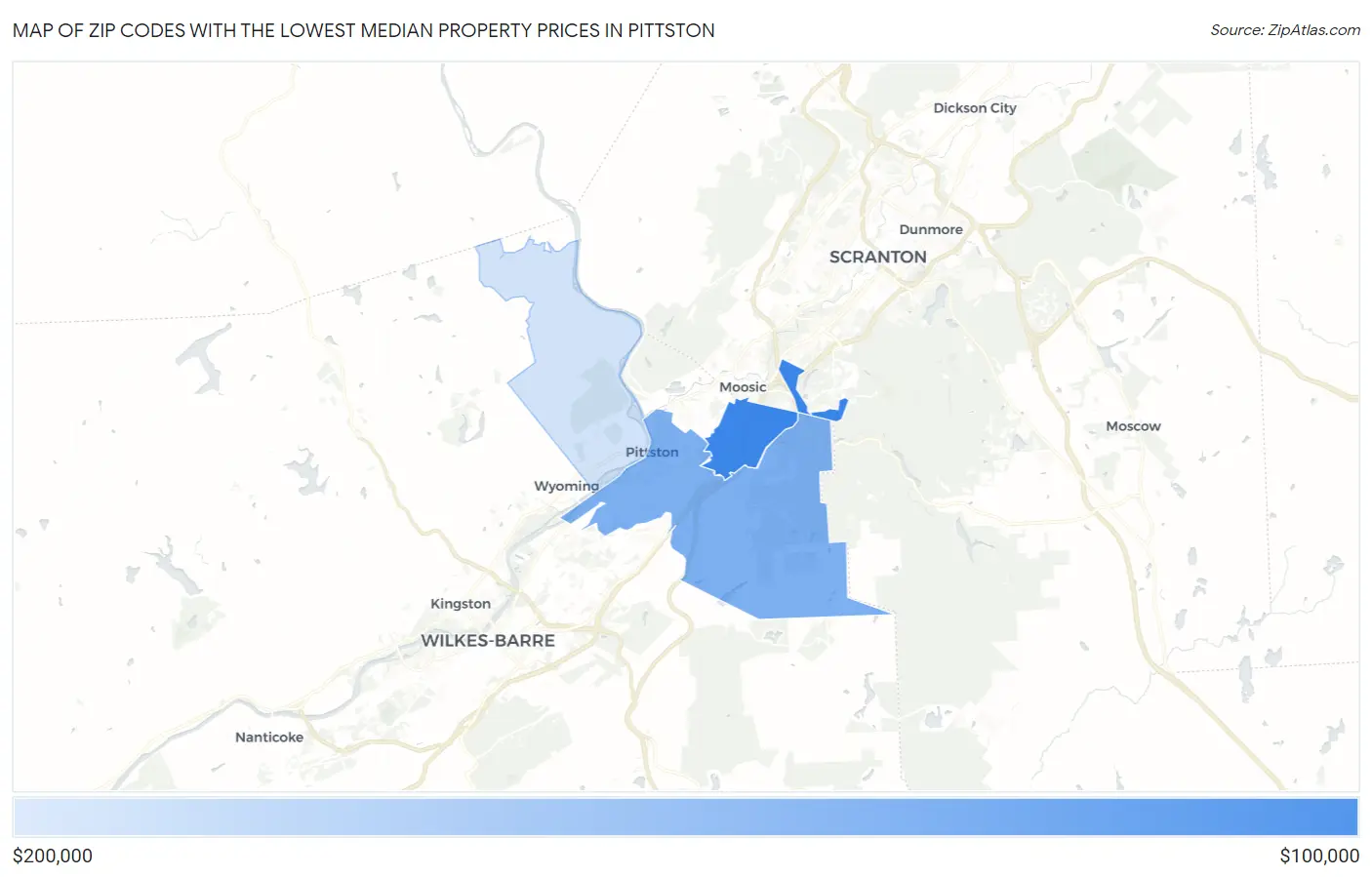 Zip Codes with the Lowest Median Property Prices in Pittston Map