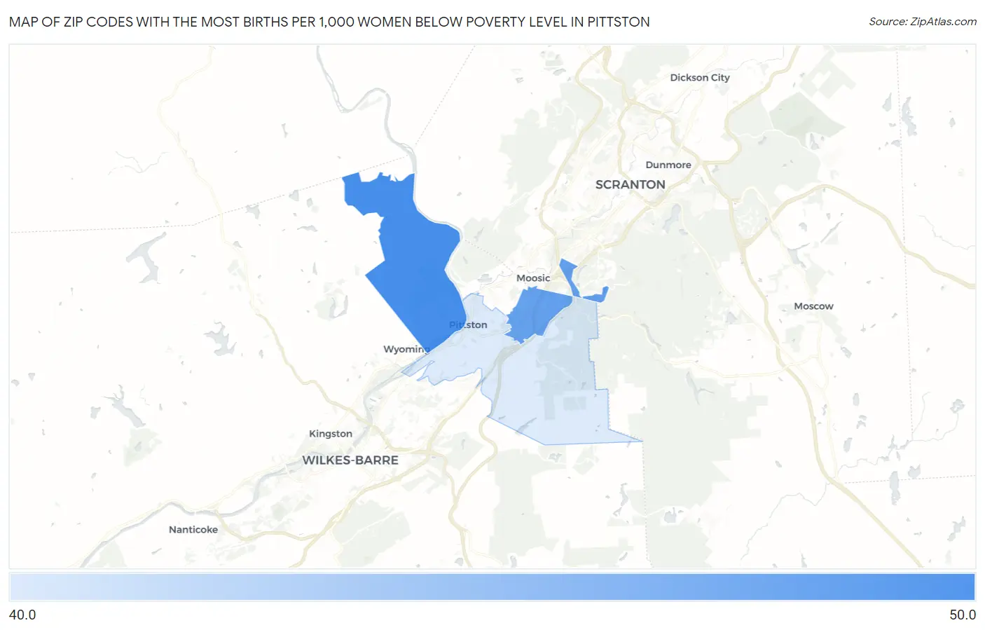 Zip Codes with the Most Births per 1,000 Women Below Poverty Level in Pittston Map