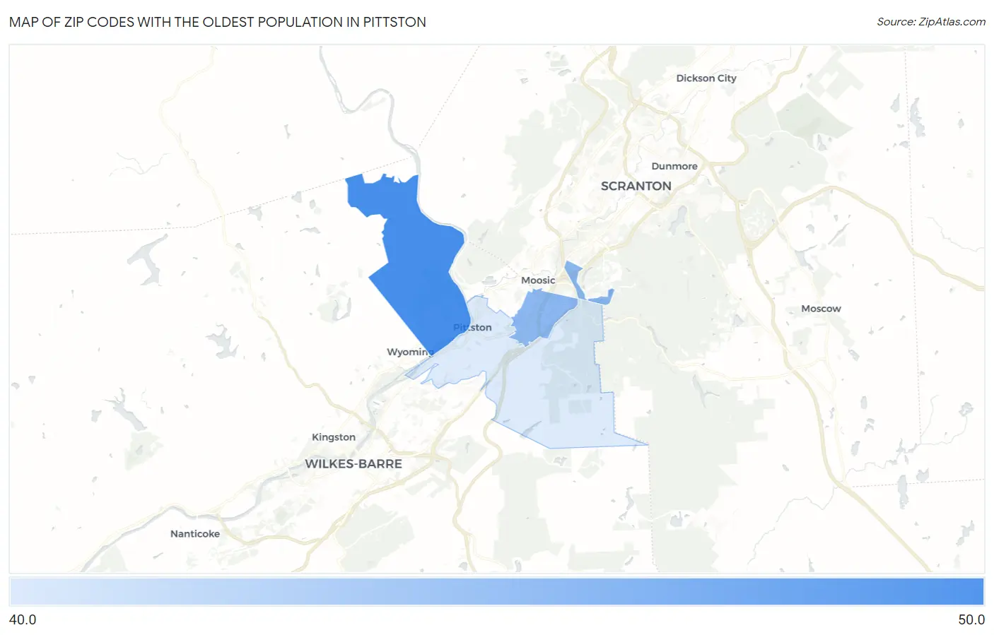 Zip Codes with the Oldest Population in Pittston Map