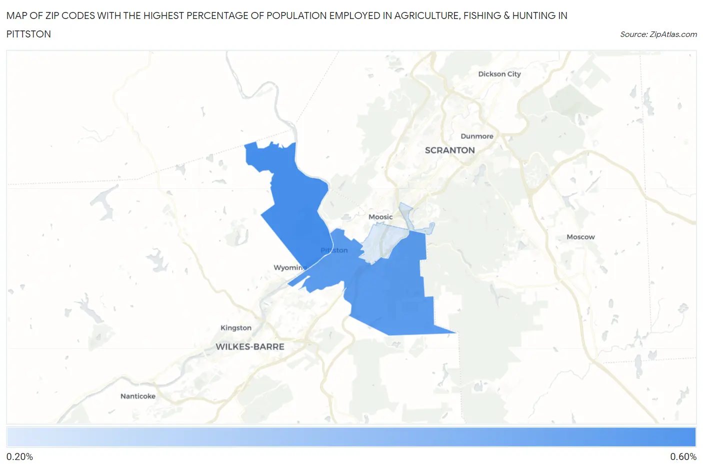 Zip Codes with the Highest Percentage of Population Employed in Agriculture, Fishing & Hunting in Pittston Map