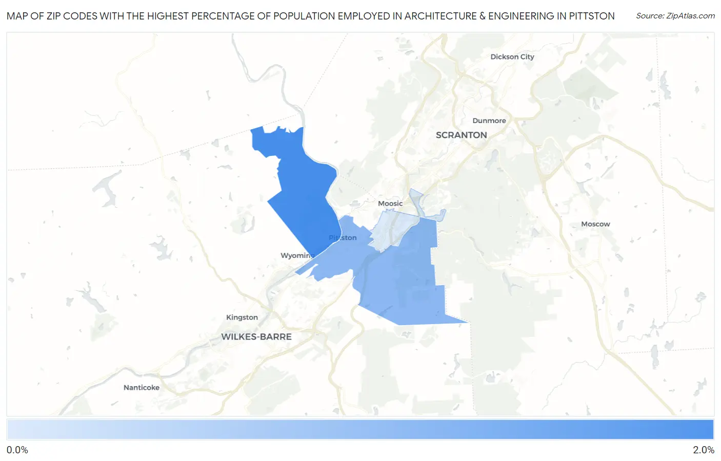 Zip Codes with the Highest Percentage of Population Employed in Architecture & Engineering in Pittston Map