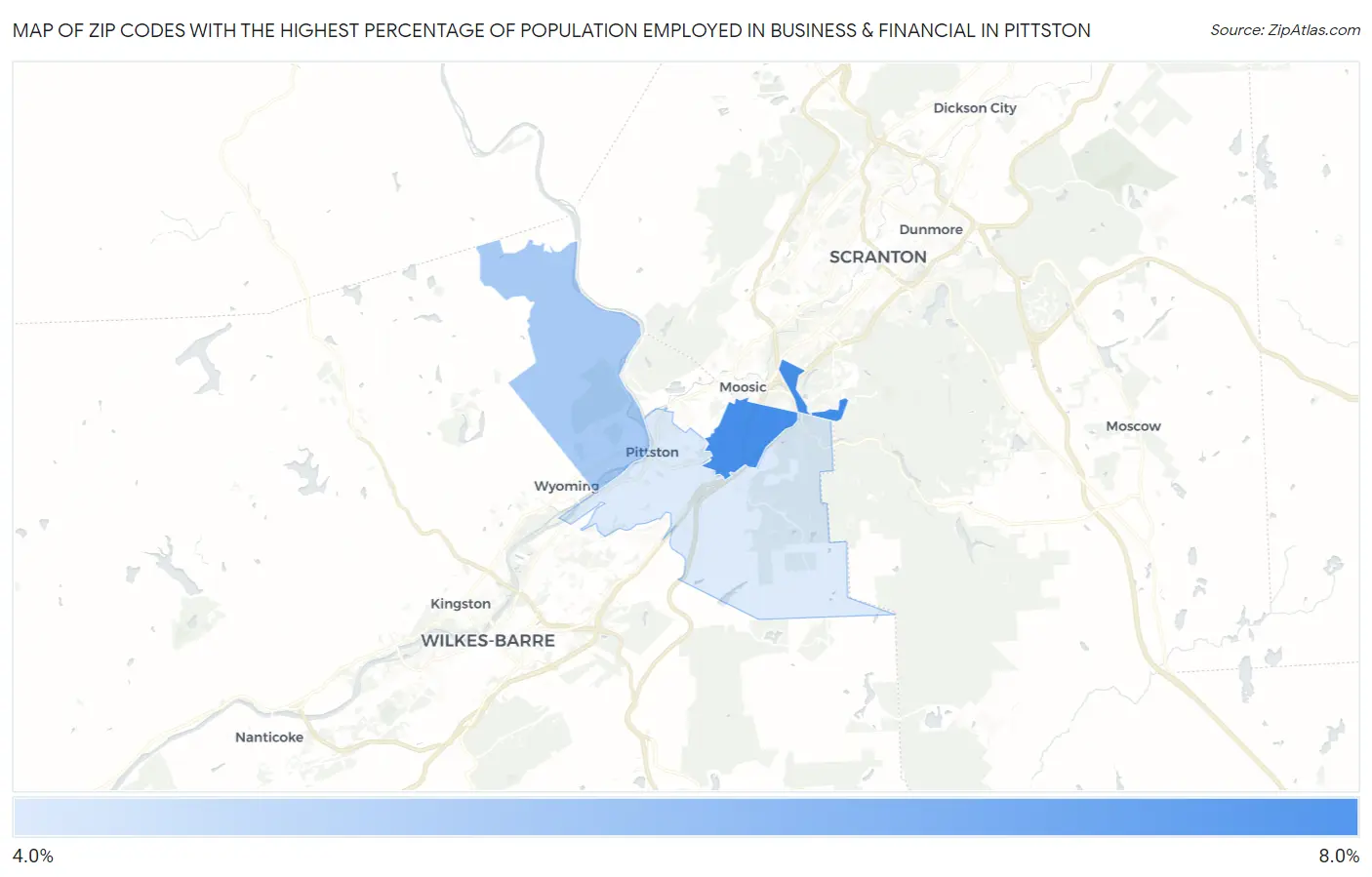 Zip Codes with the Highest Percentage of Population Employed in Business & Financial in Pittston Map