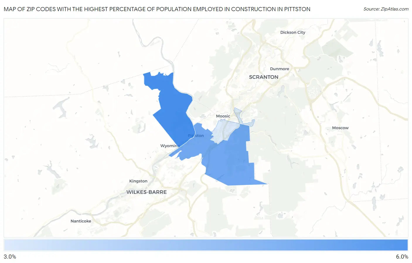 Zip Codes with the Highest Percentage of Population Employed in Construction in Pittston Map
