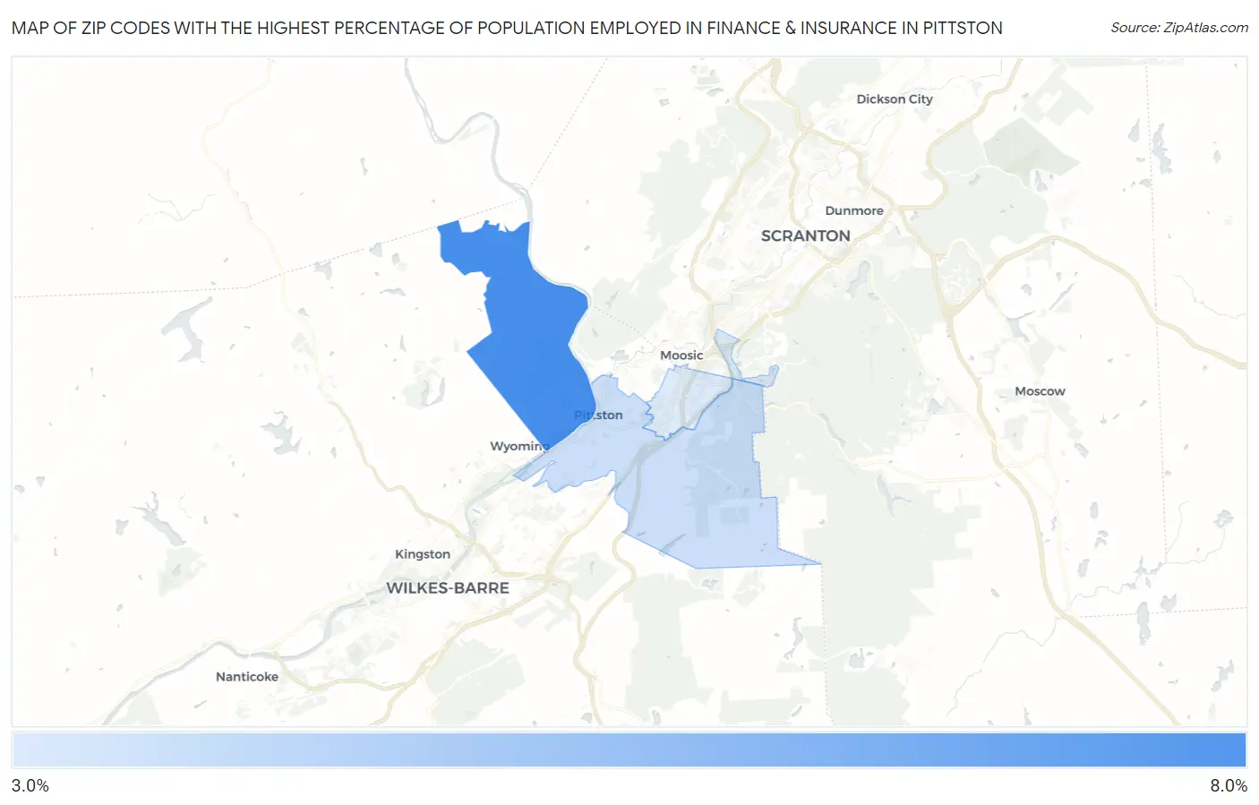 Zip Codes with the Highest Percentage of Population Employed in Finance & Insurance in Pittston Map