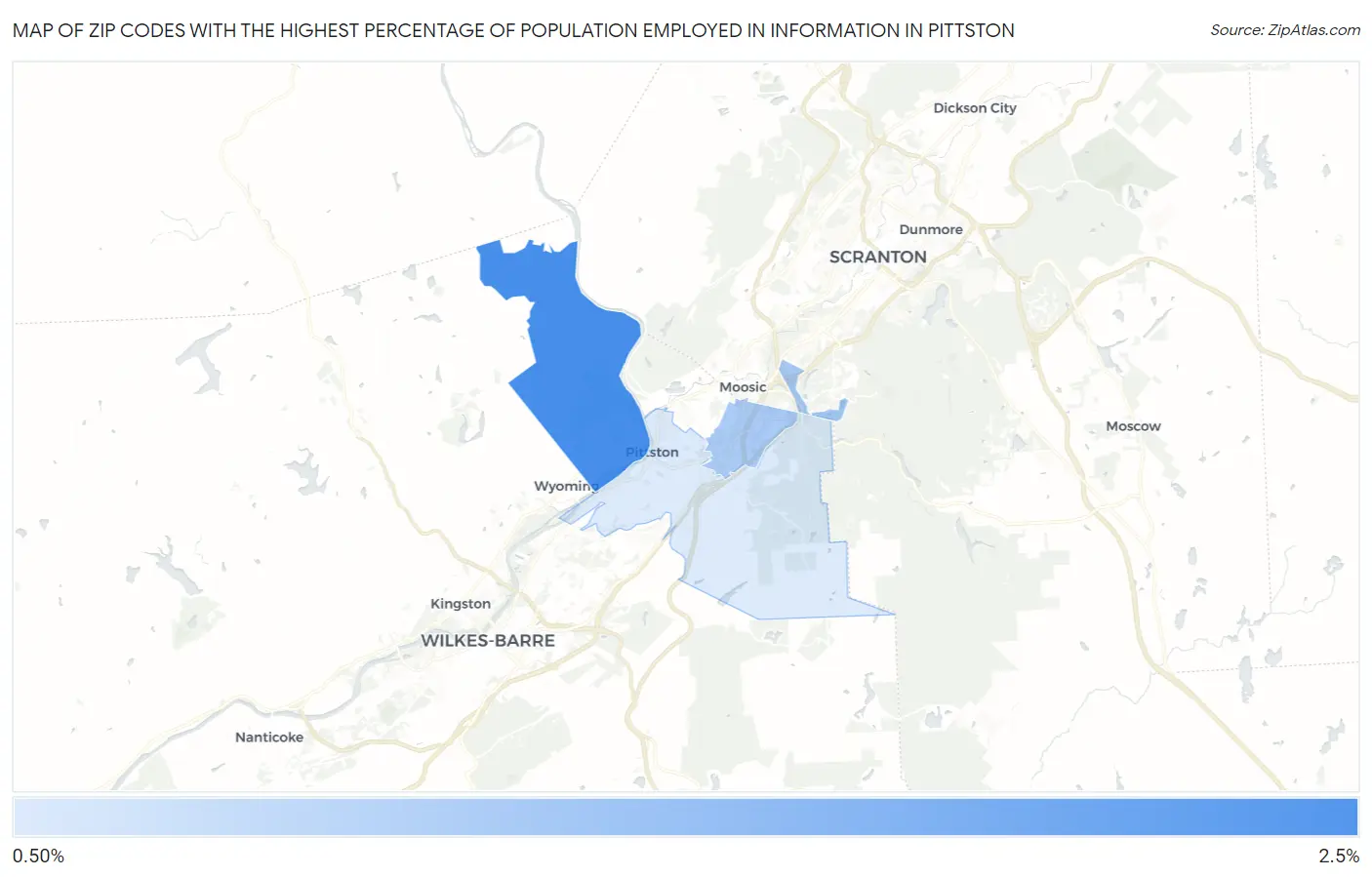 Zip Codes with the Highest Percentage of Population Employed in Information in Pittston Map