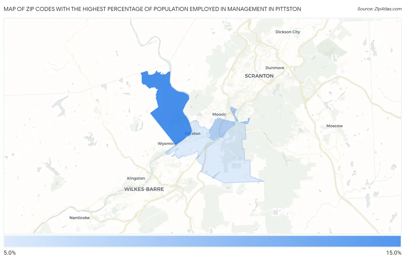 Zip Codes with the Highest Percentage of Population Employed in Management in Pittston Map
