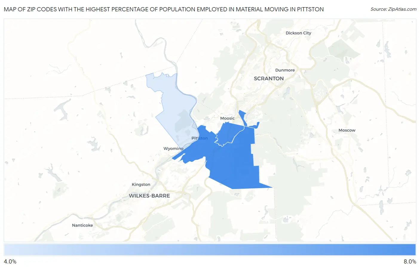 Zip Codes with the Highest Percentage of Population Employed in Material Moving in Pittston Map