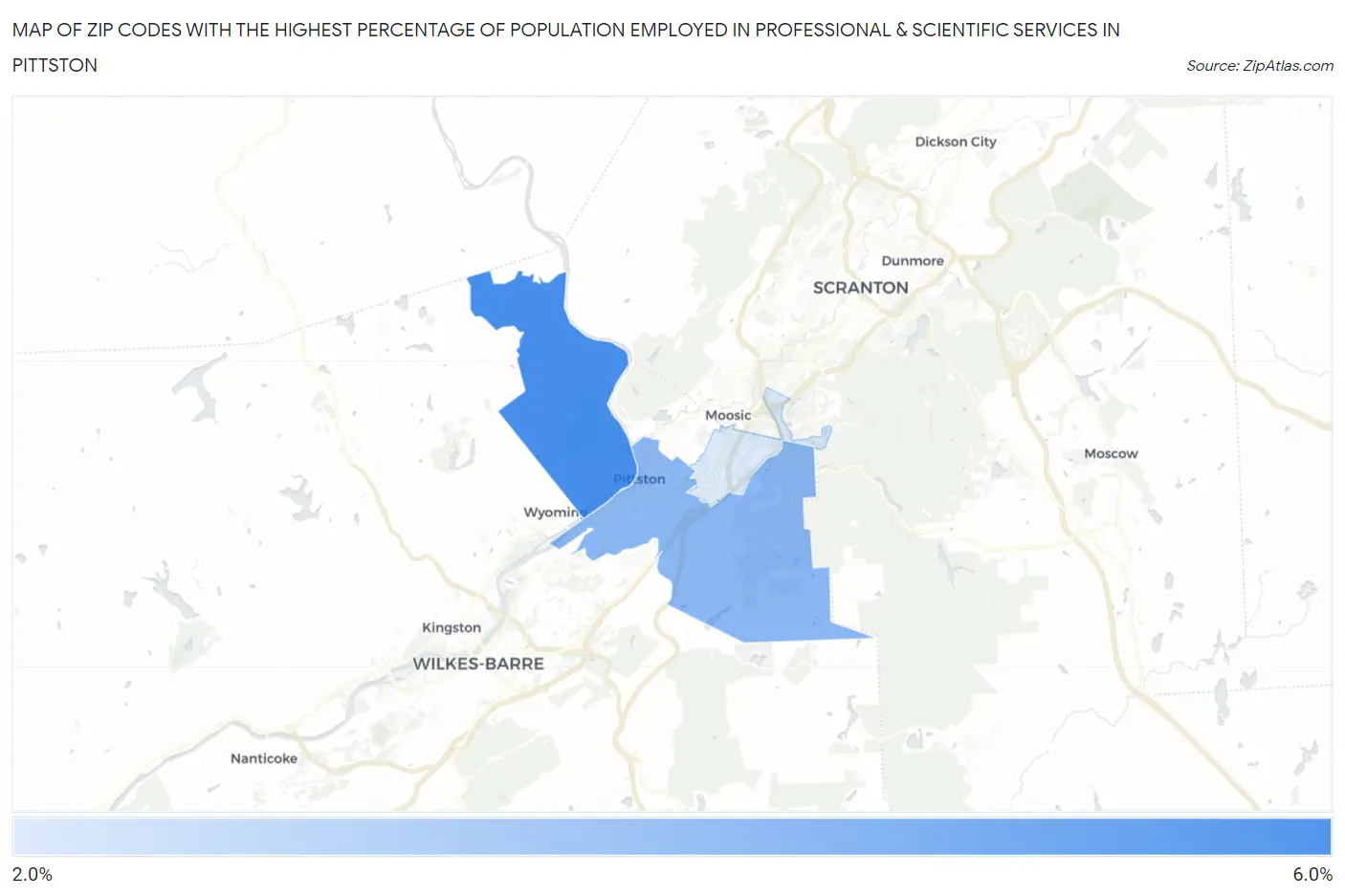 Zip Codes with the Highest Percentage of Population Employed in Professional & Scientific Services in Pittston Map