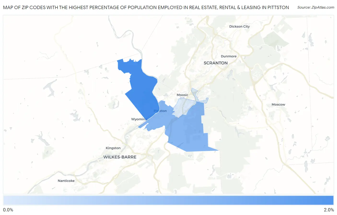 Zip Codes with the Highest Percentage of Population Employed in Real Estate, Rental & Leasing in Pittston Map