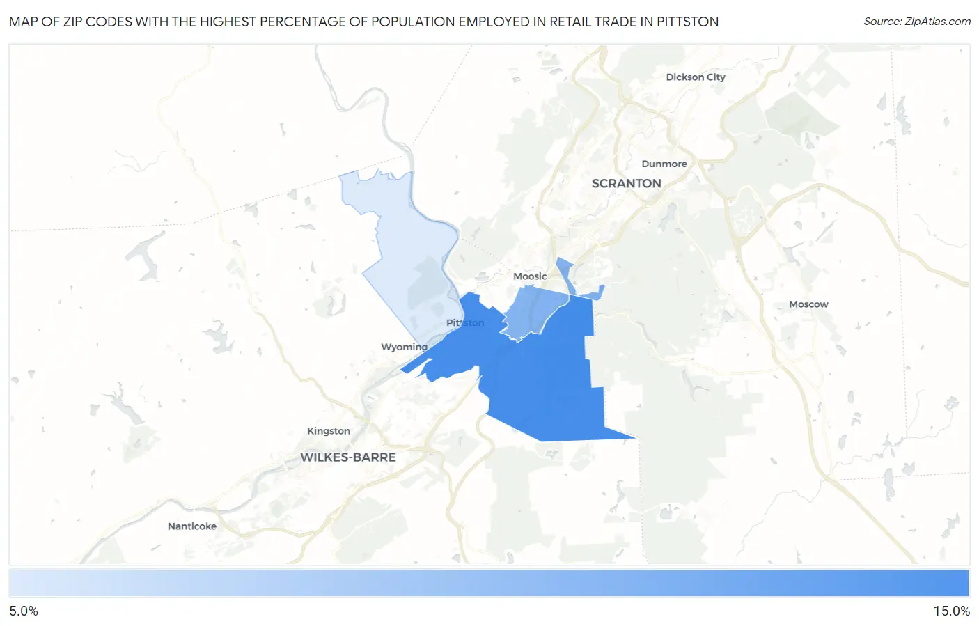 Zip Codes with the Highest Percentage of Population Employed in Retail Trade in Pittston Map