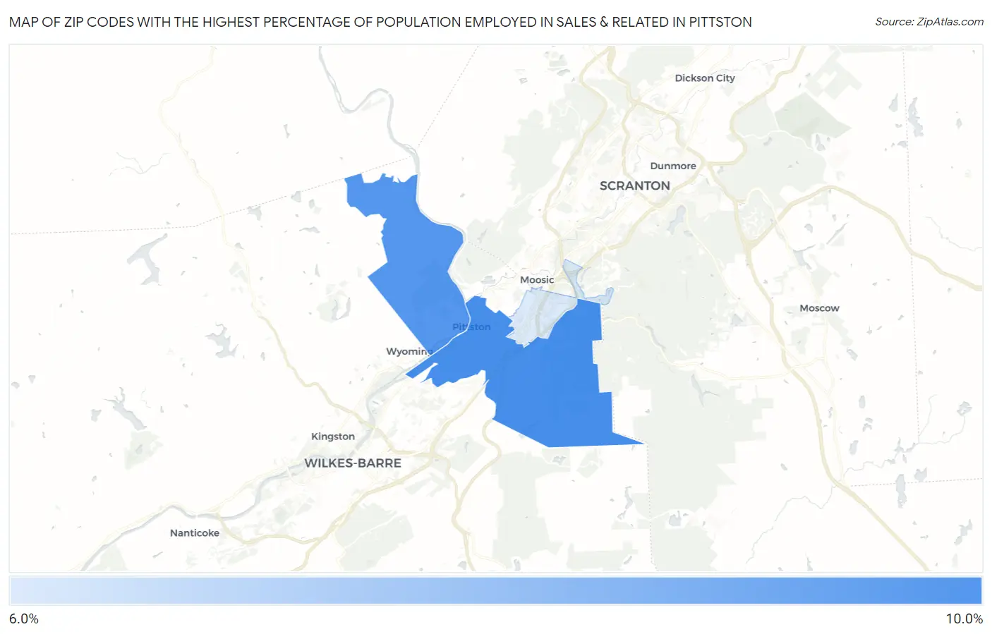 Zip Codes with the Highest Percentage of Population Employed in Sales & Related in Pittston Map