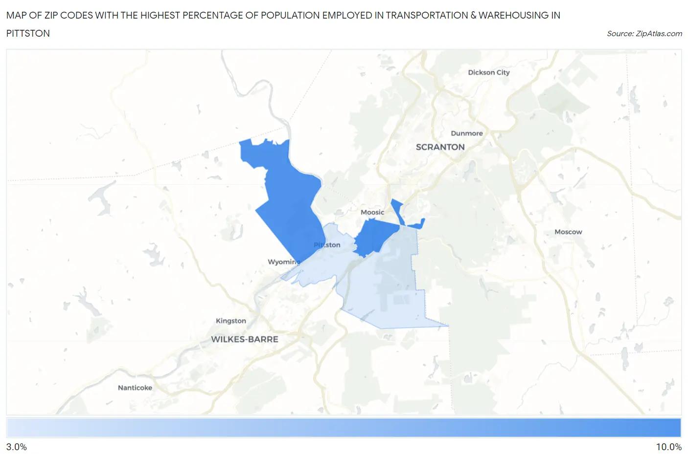 Zip Codes with the Highest Percentage of Population Employed in Transportation & Warehousing in Pittston Map