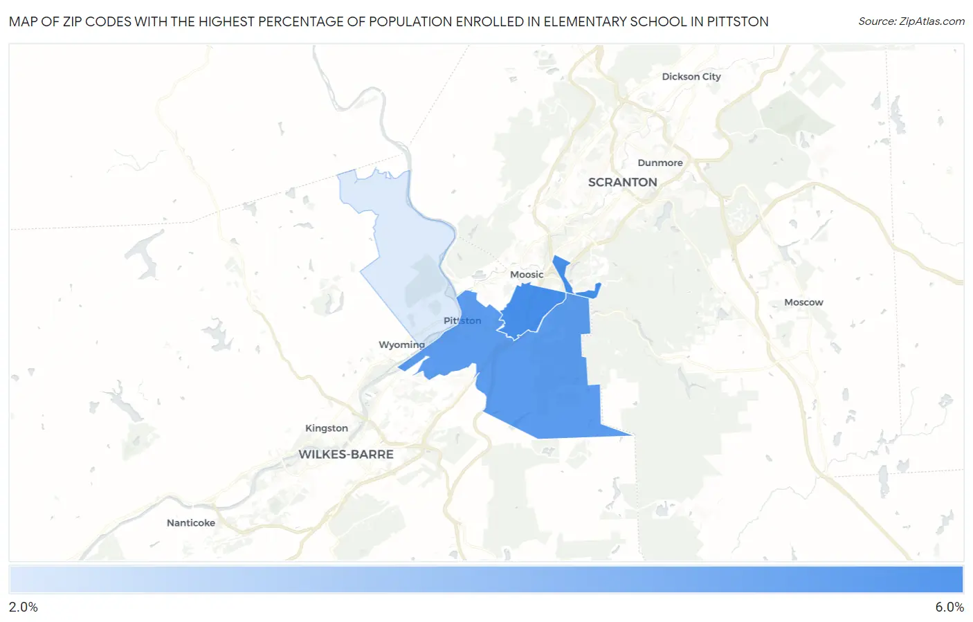 Zip Codes with the Highest Percentage of Population Enrolled in Elementary School in Pittston Map