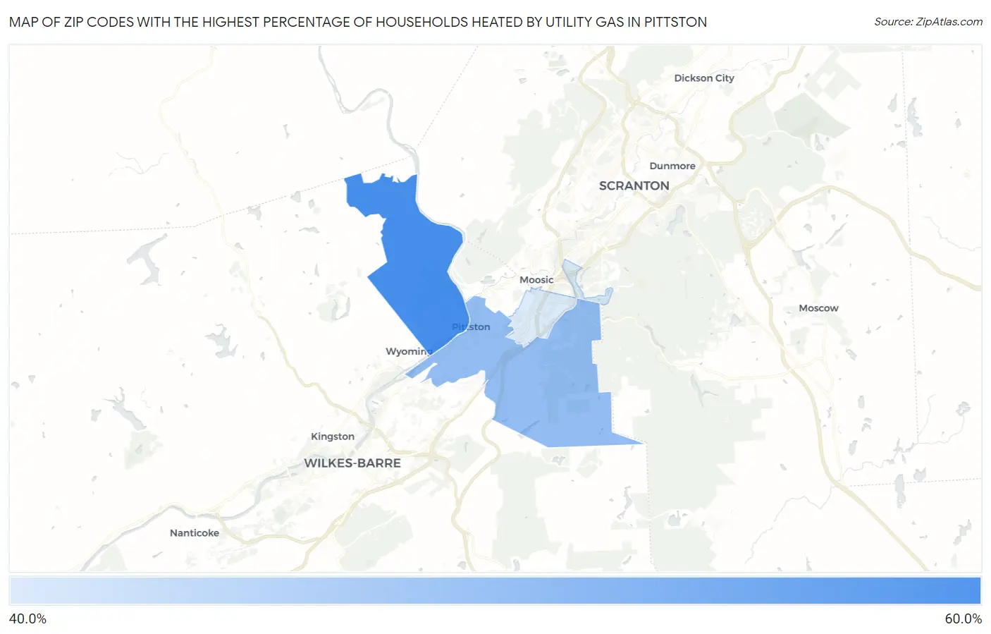 Zip Codes with the Highest Percentage of Households Heated by Utility Gas in Pittston Map