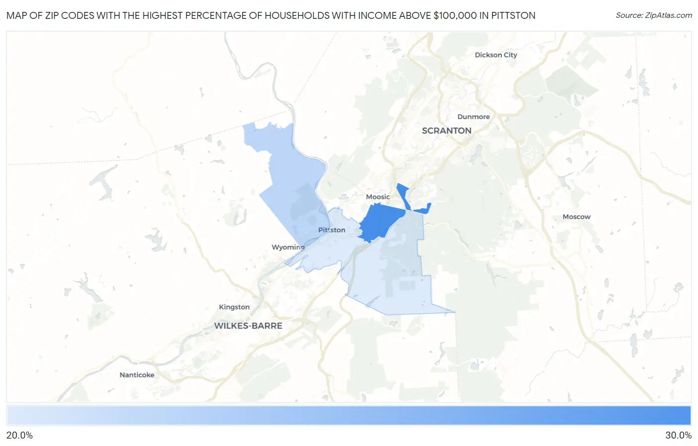 Zip Codes with the Highest Percentage of Households with Income Above $100,000 in Pittston Map
