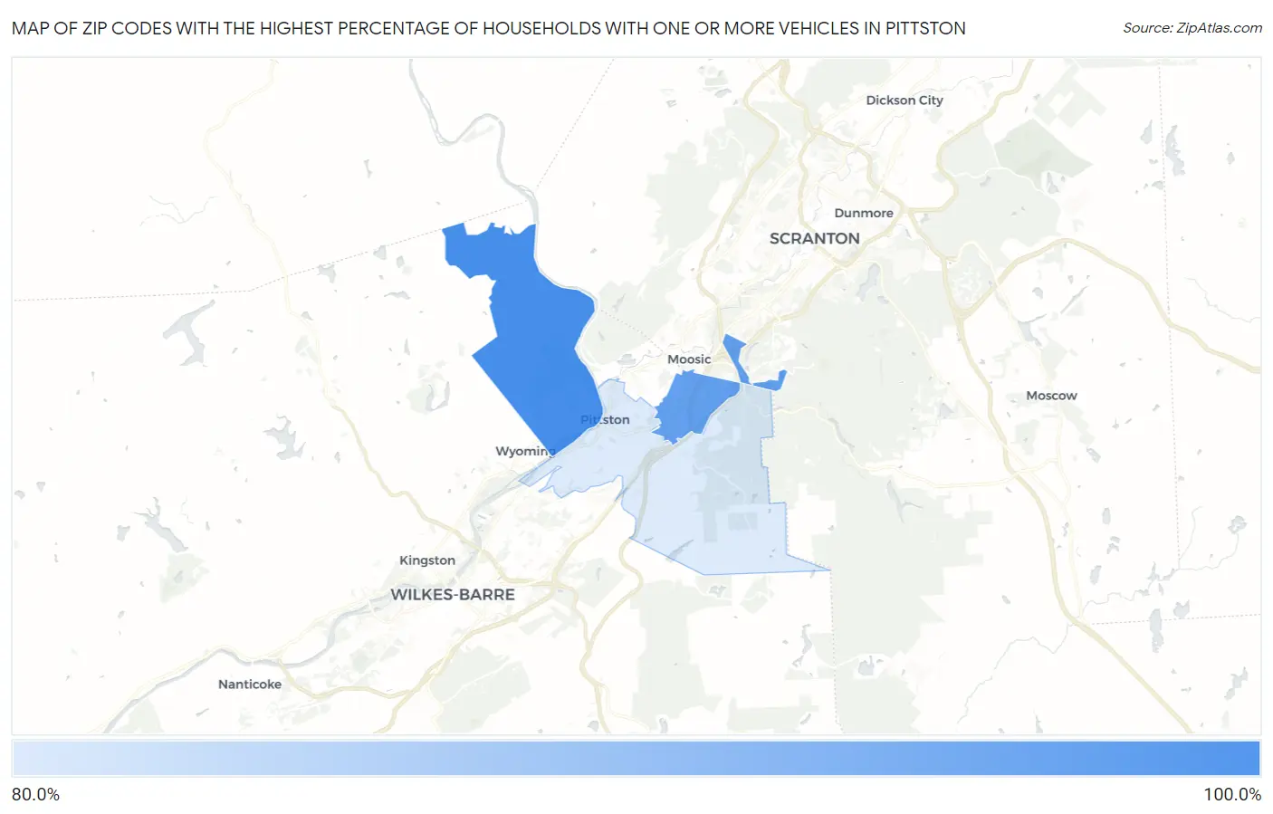 Zip Codes with the Highest Percentage of Households With One or more Vehicles in Pittston Map