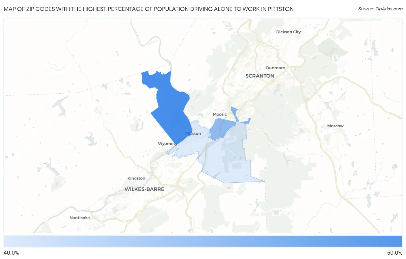 Zip Codes with the Highest Percentage of Population Driving Alone to Work in Pittston Map