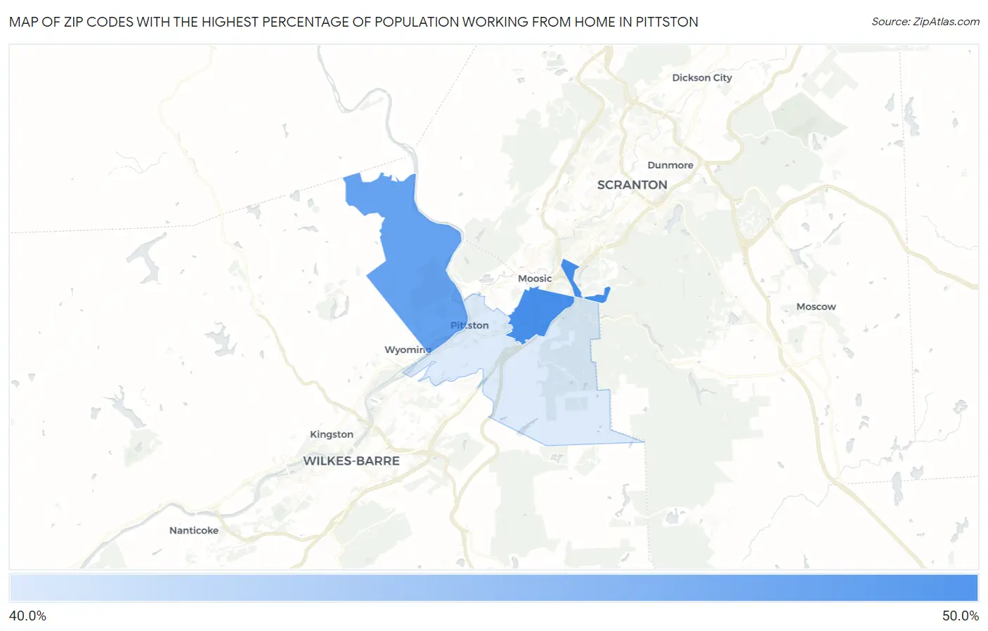 Zip Codes with the Highest Percentage of Population Working from Home in Pittston Map