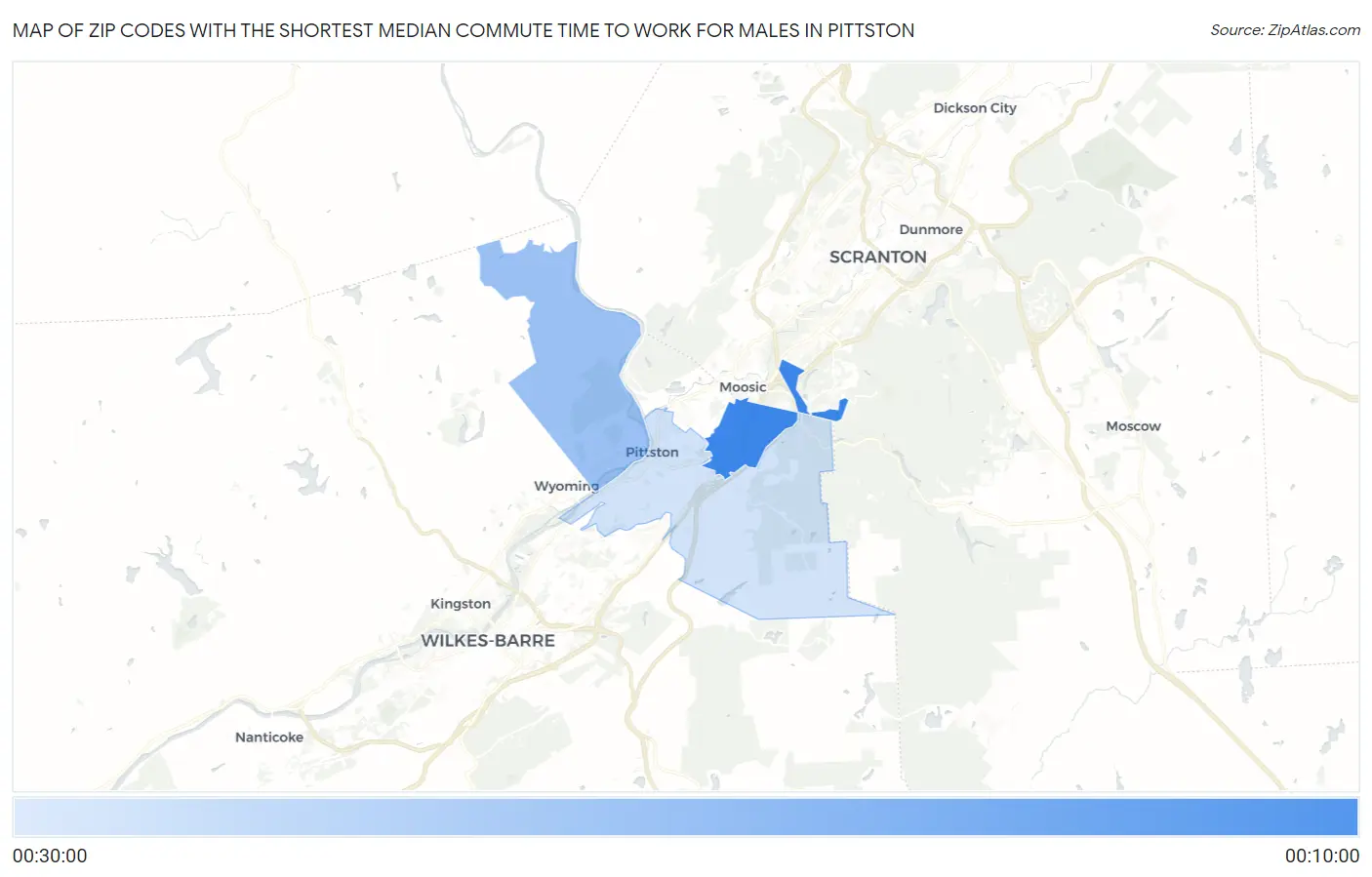 Zip Codes with the Shortest Median Commute Time to Work for Males in Pittston Map