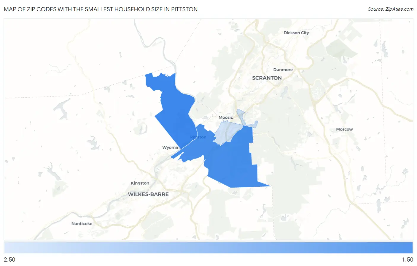 Zip Codes with the Smallest Household Size in Pittston Map