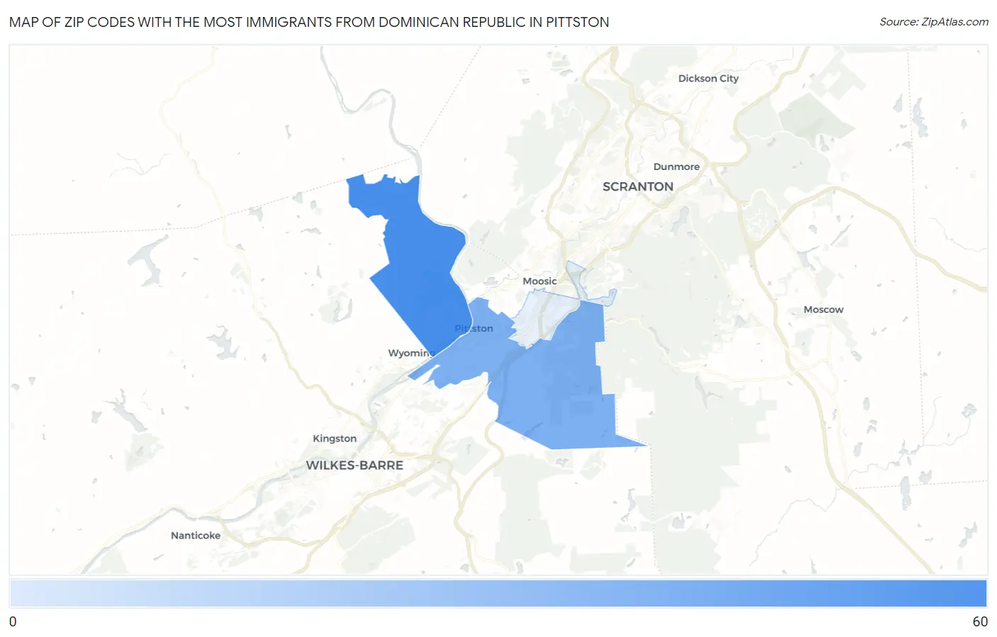 Zip Codes with the Most Immigrants from Dominican Republic in Pittston Map