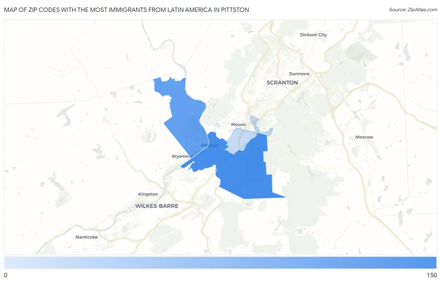 Zip Codes with the Most Immigrants from Latin America in Pittston Map