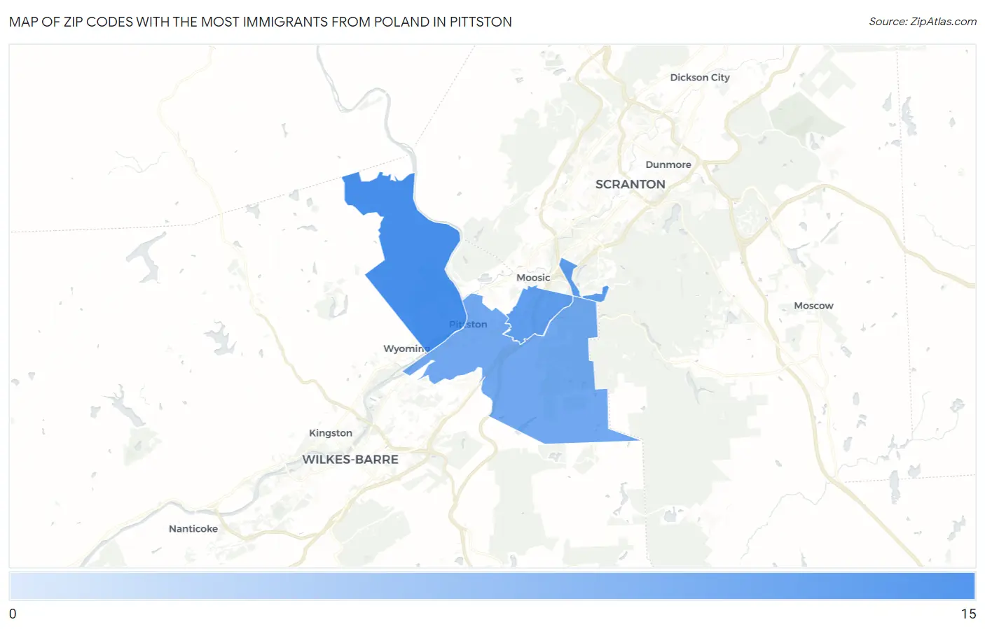 Zip Codes with the Most Immigrants from Poland in Pittston Map