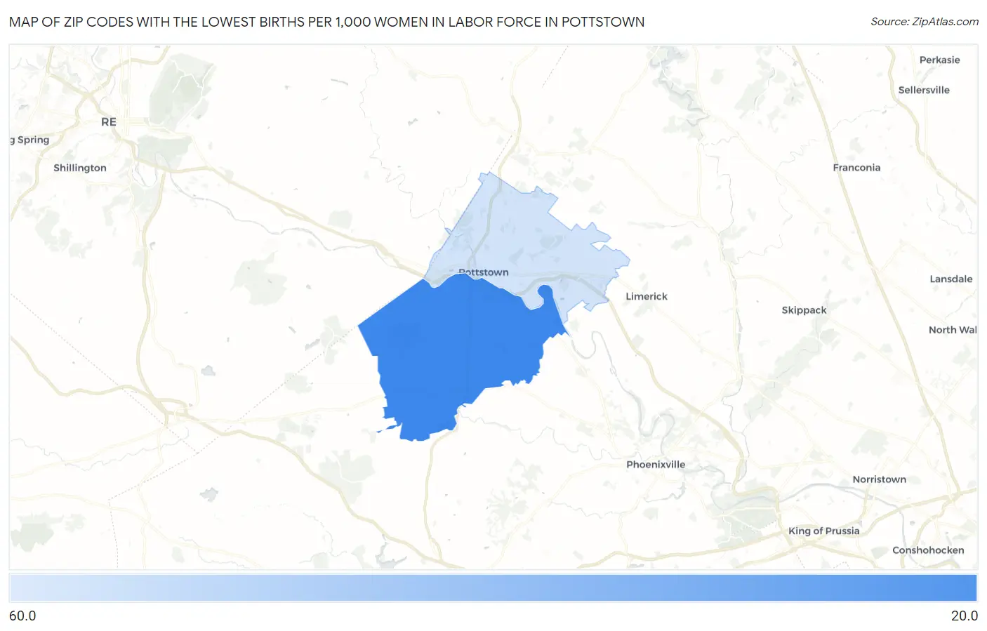 Zip Codes with the Lowest Births per 1,000 Women in Labor Force in Pottstown Map
