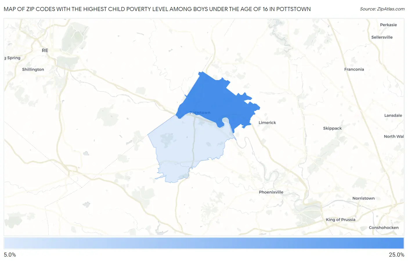 Zip Codes with the Highest Child Poverty Level Among Boys Under the Age of 16 in Pottstown Map
