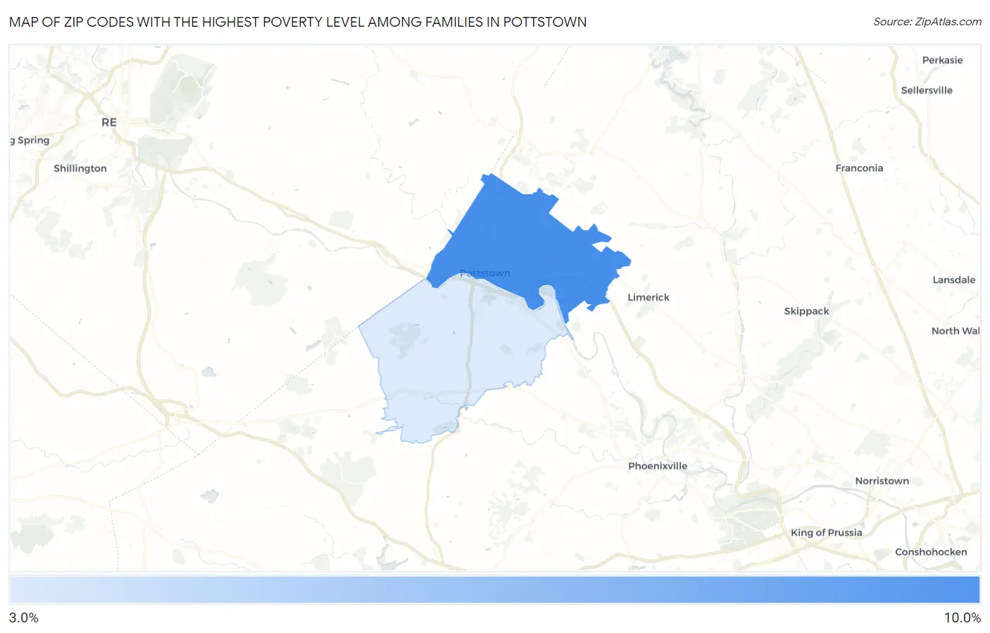 Zip Codes with the Highest Poverty Level Among Families in Pottstown Map