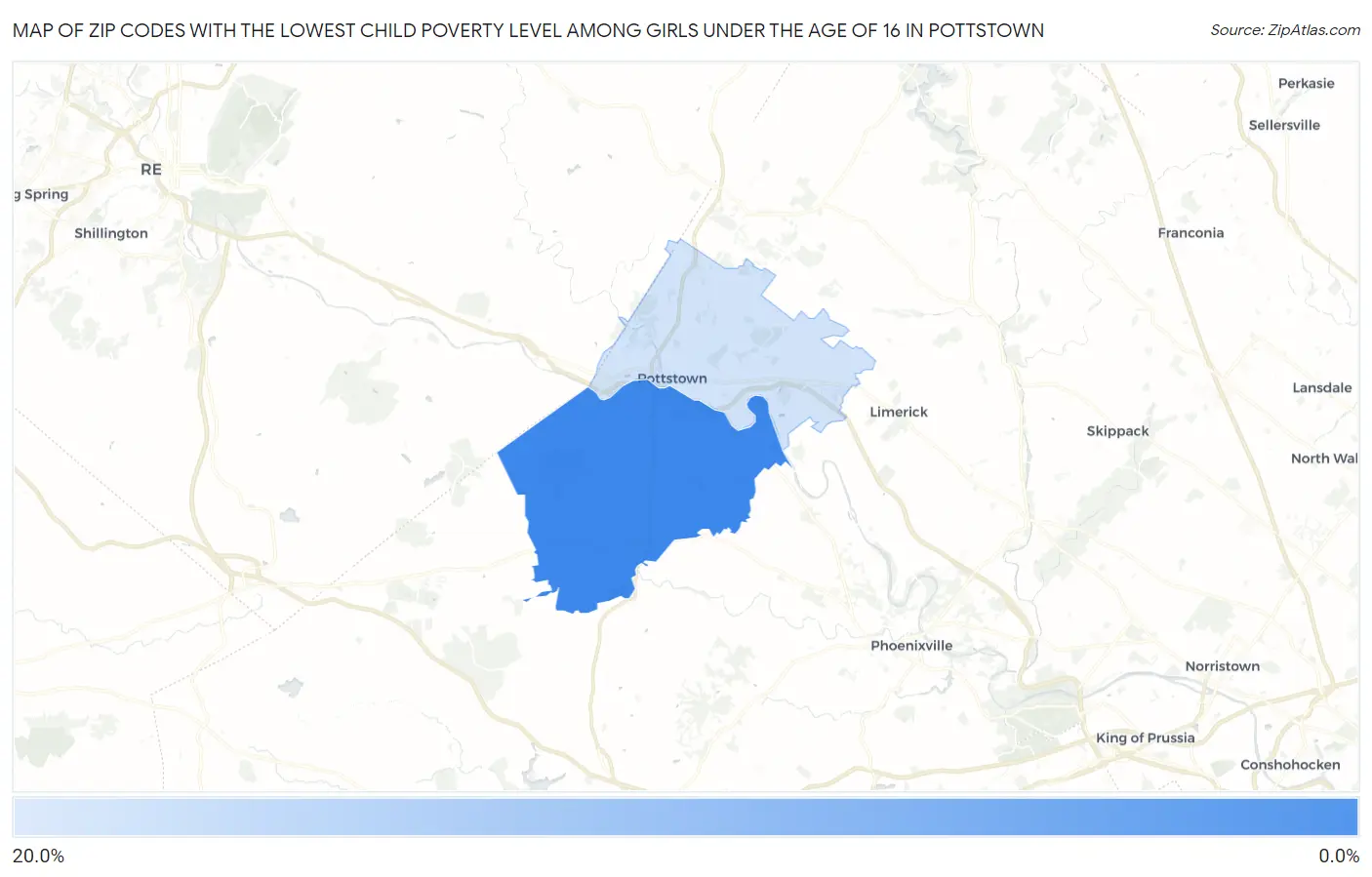 Zip Codes with the Lowest Child Poverty Level Among Girls Under the Age of 16 in Pottstown Map